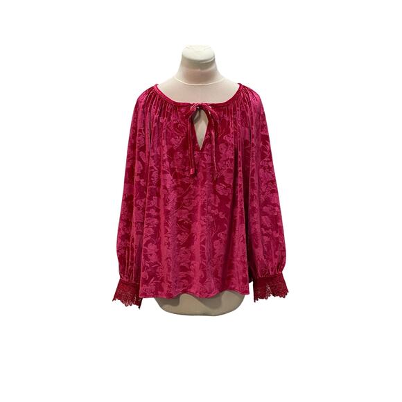 PIONEER WOMAN Hot Pink Floral Embossed Velvet Peasant Top Large Whimsigoth Fairy - Picture 1 of 6